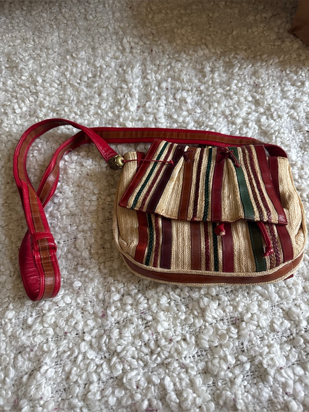 Vintage SHARIF Woven Straw Leather Striped Bucket Bag Red Suede USA
